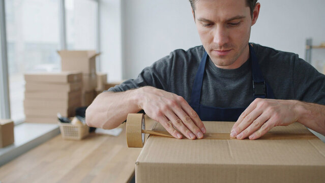 Warehouse worker seals return parcel for repacking and shipment