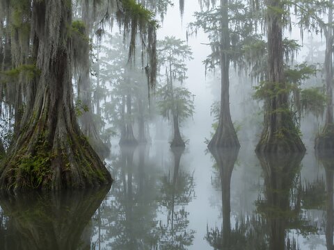Misty cypress swamp with hanging moss at dawn. Serene wetland forest reflecting calm water under soft morning light.