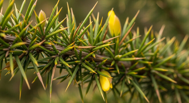Macro shot of spiky green branch with yellow gorse flower buds in soft focus