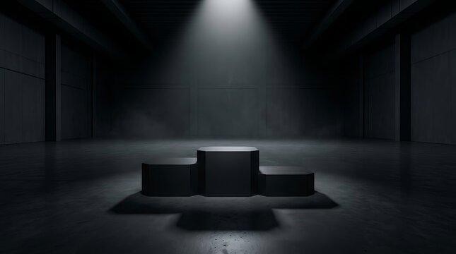 Dramatic spotlight illuminates a dark, empty three-step winner's podium in a vast, somber hall, awaiting a champion.