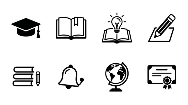 Educational icon set featuring school graduation and study symbols for academic use and graphic design