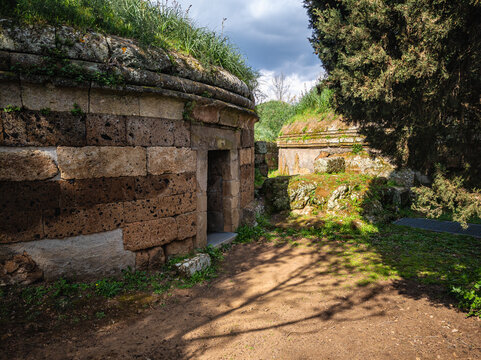 Scenic view in the Banditaccia Necropolis, near Cerveteri, Province of Viterbo, Lazio, Italy.