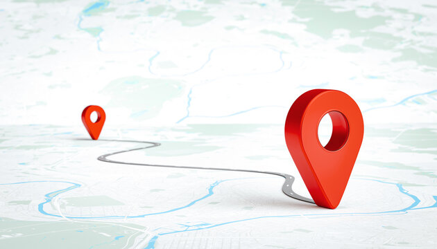 Red 3D map location pin pointers connected with a winding road line on map background. Concept of route planning, destination journey, navigation, and logistics.