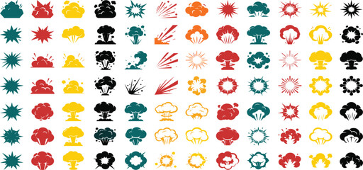 Comic Explosion and Smoke Cloud Vector Icon Set Featuring Boom, Blast, and Flash Symbols for Cartoons, Animations, Games, and Graphic Designs © MdSirazul