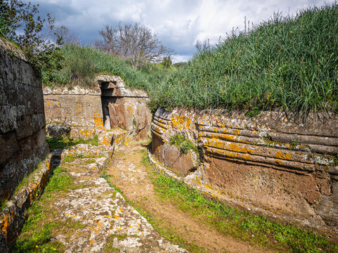 Scenic view in the Banditaccia Necropolis, near Cerveteri, Province of Viterbo, Lazio, Italy.