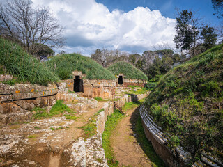 Fototapeta premium Scenic view in the Banditaccia Necropolis, near Cerveteri, Province of Viterbo, Lazio, Italy.