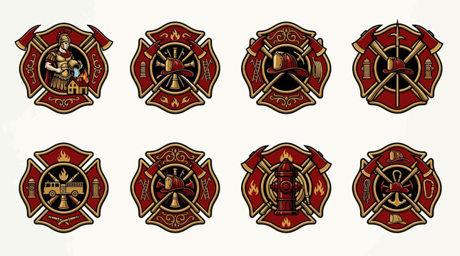 Vintage firefighter badges set, 8 red maltese cross fire department emblems, classic firefighting equipment icons, professional first responder vector graphics