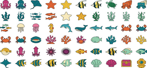 Cute Sea Life Vector Icon Set Featuring Underwater Marine Animals, Ocean Creatures, Coral, Shells, and Seaweed for Children Fabric Patterns, Games, and Graphic Designs © MdSirazul