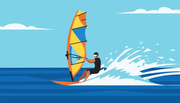 Professional windsurfer riding big ocean wave fast under clear blue sky during summer extreme water sports.