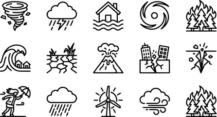 Fototapeta premium Natural disaster and weather icon set in a flat line style including tornado, flood, wildfire, earthquake, volcano, hurricane and storm.