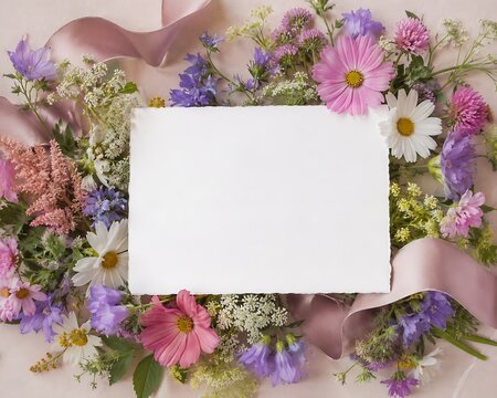 Blank wedding invitation card with fresh spring flowers. Romantic floral stationery template for bridal shower or engagement party.