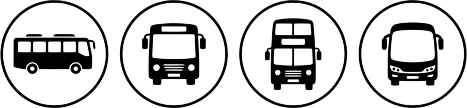 Bus icon set in a flat black silhouette style including side view, front view and double decker vehicle symbols.