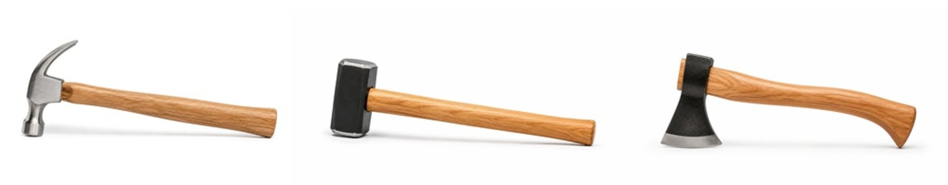 Set of hand tools: claw hammer, sledgehammer and axe with wooden handles isolated on white background
