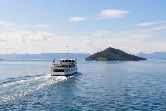 Luxury yacht cruising on calm turquoise sea. Elegant white boat sailing towards scenic island with lush greenery.