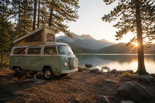Vintage camper van parked by serene lakeside at sunset. Retro travel trailer beside mountain lake during golden hour escapade.