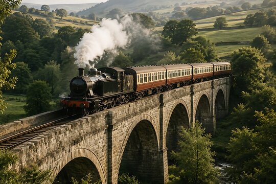 Steam locomotive crossing historic stone bridge. Vintage train traveling through scenic countryside landscape.