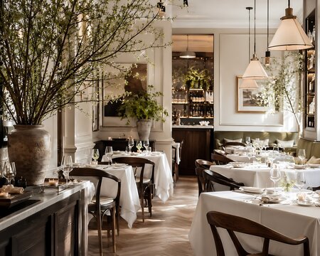 Elegant wedding reception venue with decorated tables and floral centerpieces. Luxury event space featuring modern rustic dining setup for celebrat...