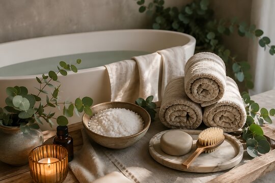 Natural skincare ingredients and spa products on wooden tray. Handmade beauty treatments with botanicals and organic textures for wellness routines.