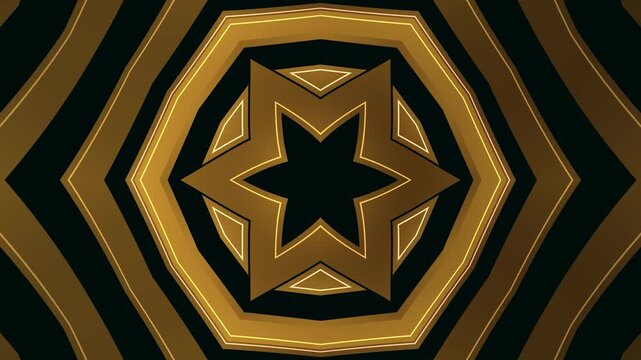 Kaleidoscopic pattern with golden shapes and dark background