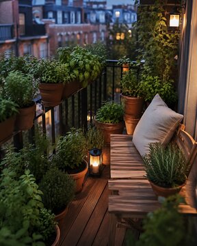 Cozy urban rooftop garden at dusk with modern seating. Stylish outdoor terrace featuring lush greenery and ambient lighting for relaxation.