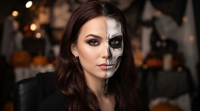 Halloween makeup transformation half human half skull face, studio lighting