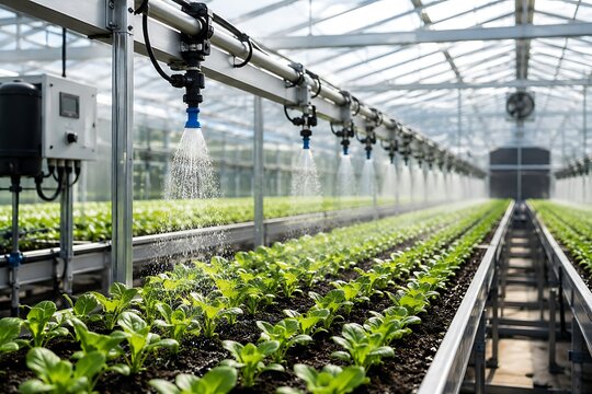 Modern hydroponic greenhouse farming with automated irrigation system. Vertical agriculture technology for sustainable crop cultivation indoors.