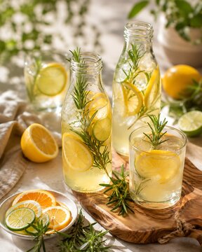 Refreshing summer lemonade with citrus slices and rosemary garnish. Chilled iced drink in glass pitchers for outdoor gatherings and healthy hydration.