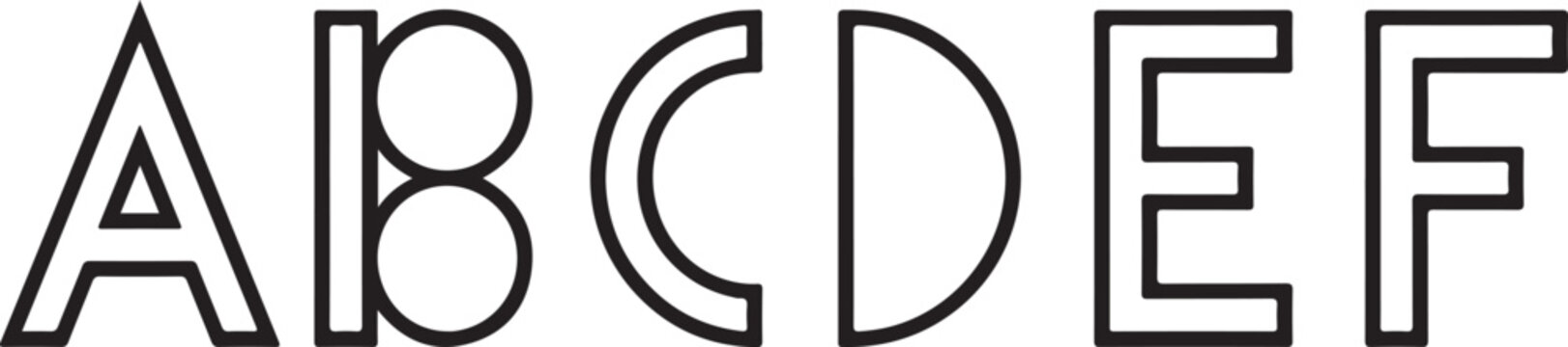 Set of outline letters A B C D E F capital alphabet characters for graphic design and typography projects abstract font style.