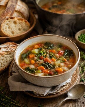 Bowl of hearty vegetable soup with fresh bread on wooden table. Rustic homemade minestrone served in ceramic dish for cozy meal.