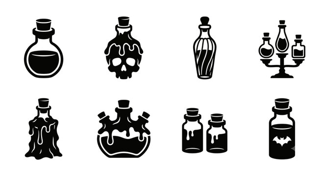 Set of vector black and white icons featuring various magic potion bottles, elixirs, and mystical vessels for Halloween designs