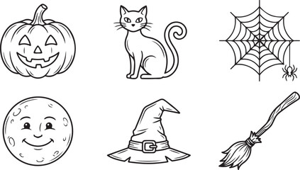 Fototapeta premium Halloween symbols pumpkin happy face cat sitting spider web moon witch hat and broomstick for festive decoration.