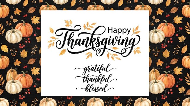 Happy thanksgiving greeting card with pumpkins and fall leaves
