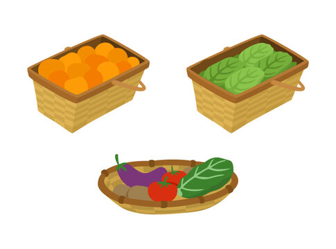 A collection of wooden harvest baskets filled with fresh fruits and vegetables, featuring oranges, leafy greens, tomatoes, eggplants, and farm-fresh produce. Vector illustration