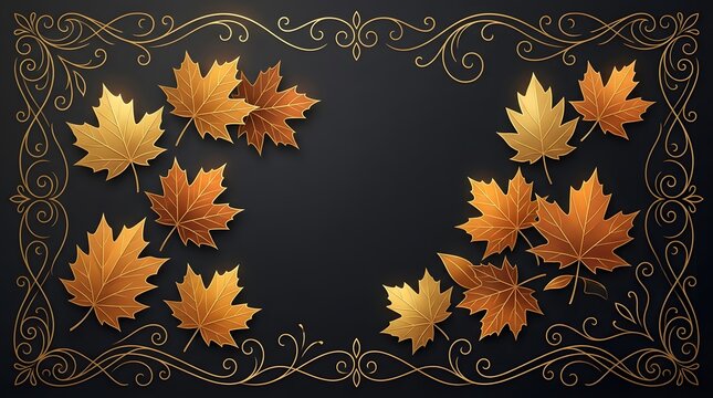 Autumn maple leaves frame with elegant swirls on black