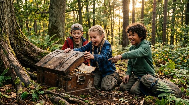 Children finding a hidden treasure box in the woods, excited expressions, natural environment, storytelling composition