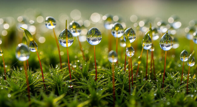 Moss Spores with Water Droplets Reflections - Macro Nature Detail