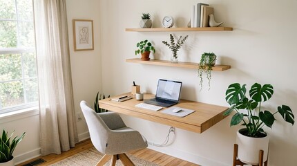 Fototapeta premium A minimalist home office setup with a wooden desk, floating shelves, and a laptop on a white wall.