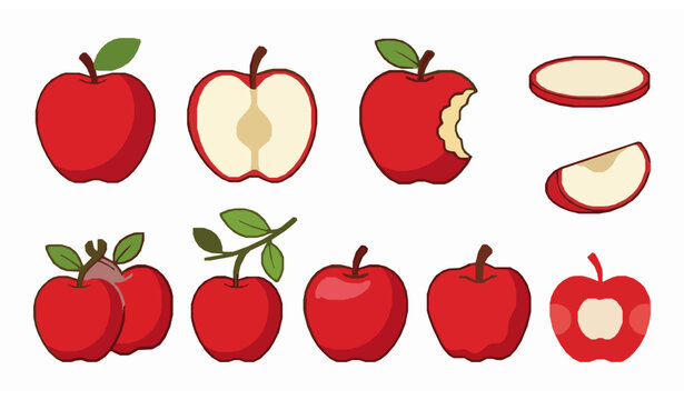 Fresh Red Apple Collection Flat Vector Illustration with Multiple Fruit Variations