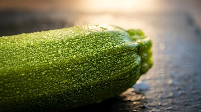 Close up of green zucchini with water.