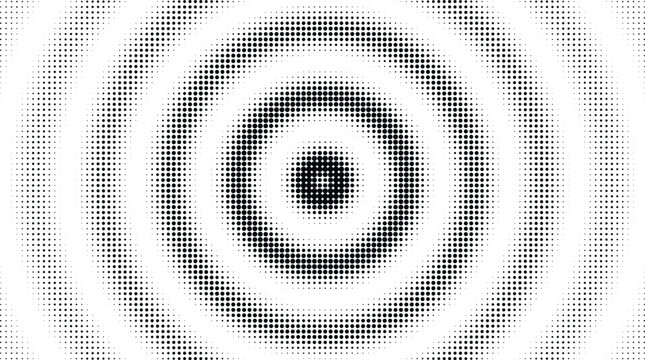 Concentric circles halftone pattern with black dots on white background, circular ripple effect, for abstract backgrounds