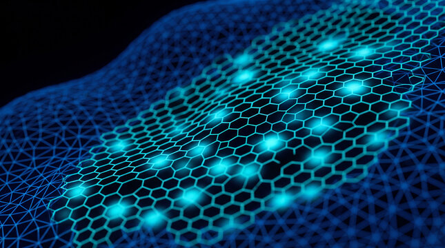 Blue hexagonal network mesh glowing across a digital terrain