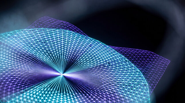 Purple and teal wireframe vortex converging into a glowing singularity