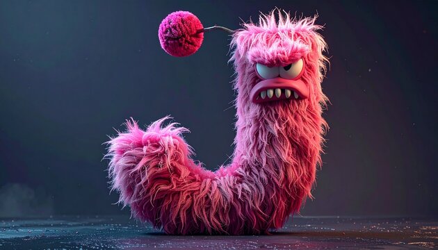 Playful pink monster shaped as letter J with fluffy fur. Vibrant 3D cartoon creature for branding and creative design projects.