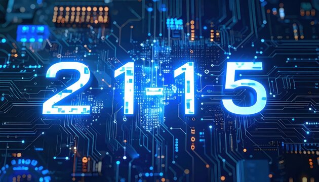 Glowing Digital 2115 Numbers Displayed on Futuristic Circuit Board Background