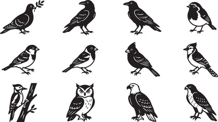 Obraz premium Vintage linocut bird icons set, 12 black and white bird silhouettes, rustic woodcut avian illustrations, hand-drawn wildlife vector graphics isolated on Transparent Background