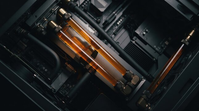 A striking display of a cutting-edge computer cooling system is showcased. Bright orange liquid flows through transparent tubes, highlighting advanced tech inside a modern black case.