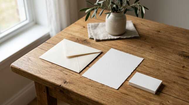 Stationery set on rustic wooden table with olive branch in vase