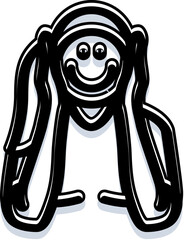 Funny black and white doodle of a smiling character covering its ears, symbolizing joy, calm, ignoring noise and negativity, peaceful mood and lighthearted wellbeing