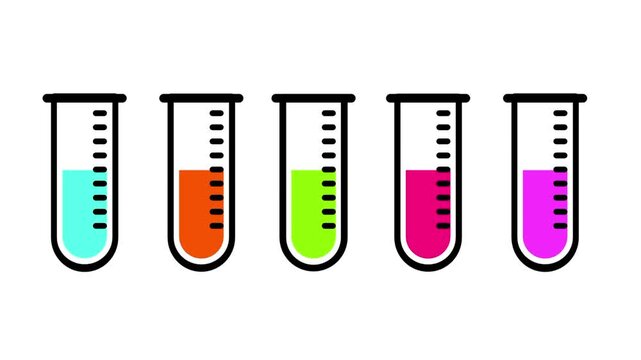 Row of five laboratory test tubes each filled with a different colored liquid representing scientific experiment, chemistry testing or lab research
