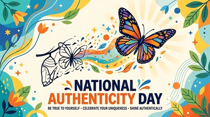 Obraz premium Bold text for National Authenticity Day, a butterfly emerging from an outline, a contemporary flat vector artwork, and an inspiring design